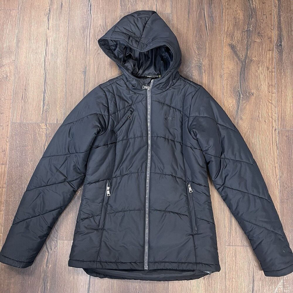 Under Armour Semi Fitted Black Puffer Coat With Hood Sz Med